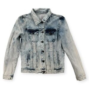 Guess Denim Jean Jacket Womens XS Stone Acid Wash Short Trucker Biker Distressed